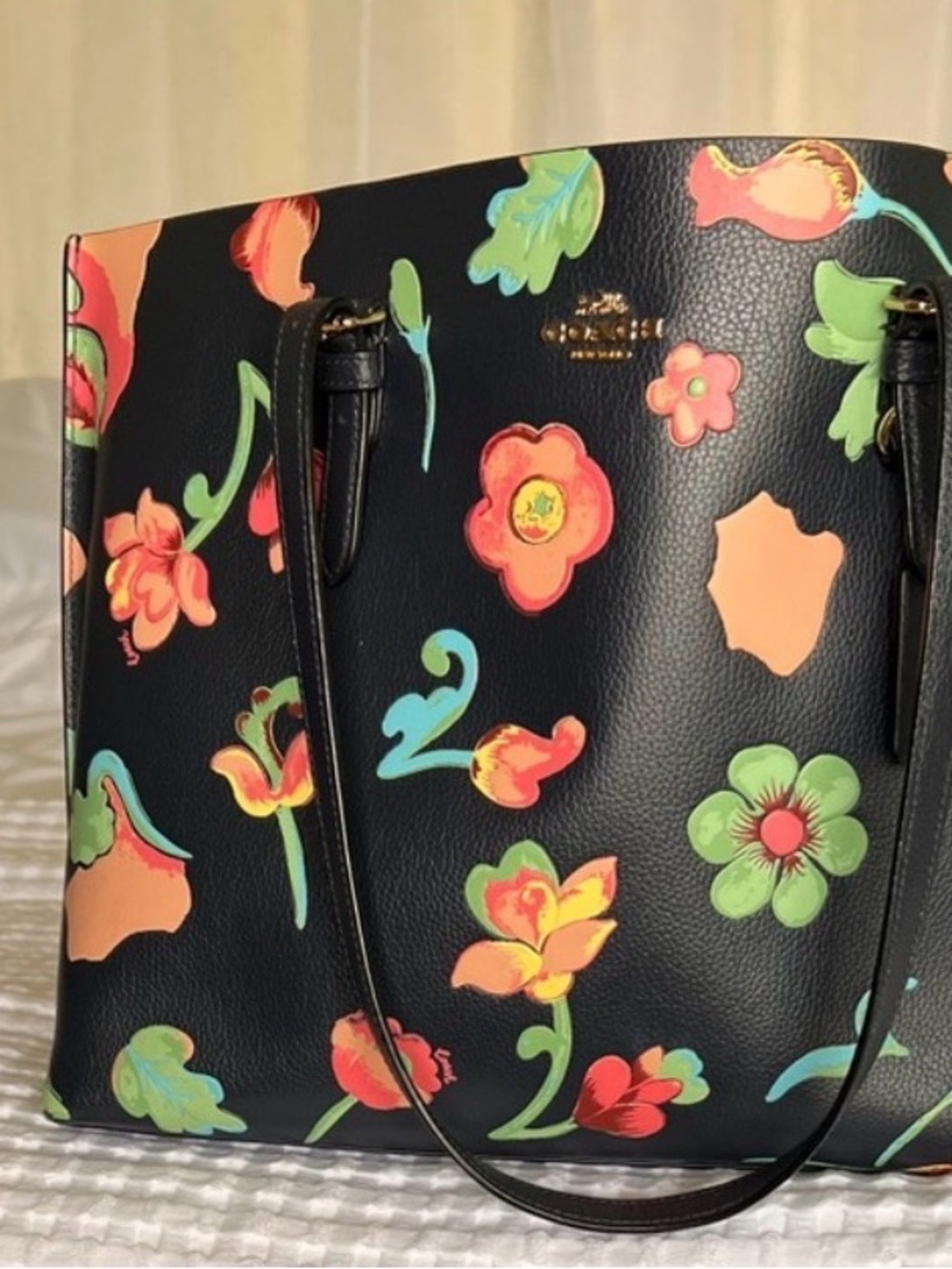 Coach Black Leather Tote with Multicolor Floral Print - Picture 3 of 3